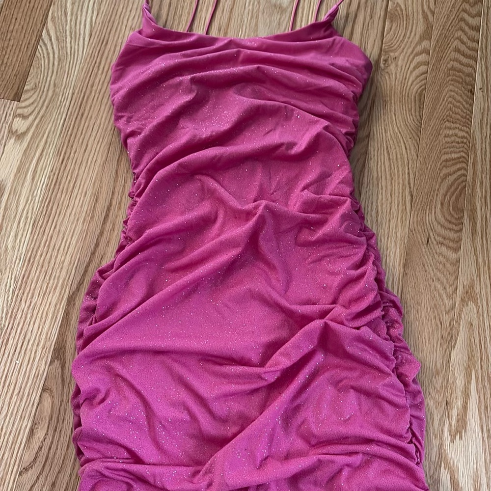 Glamorous Pink Ruched Dress with Spaghetti Straps